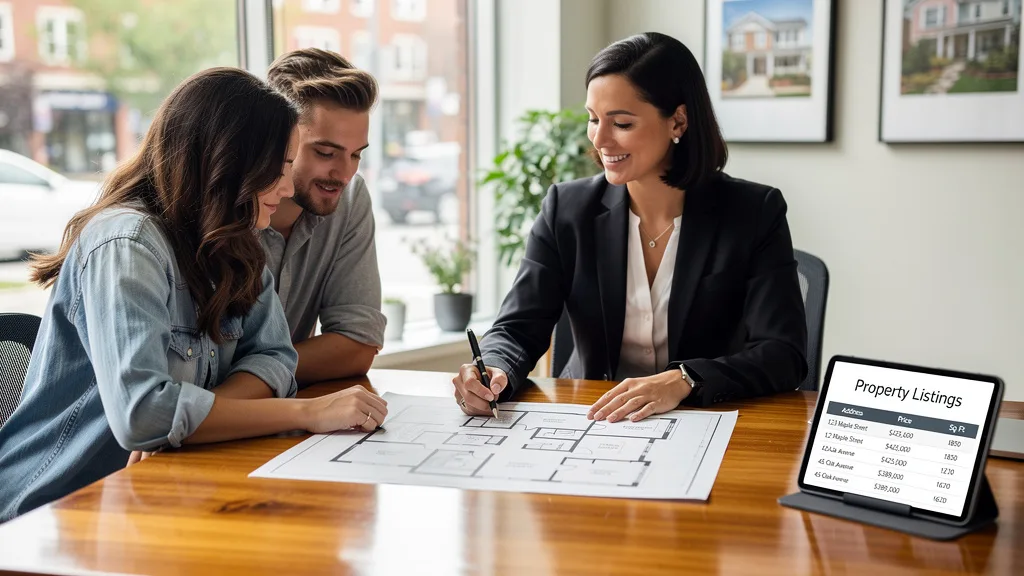 A real estate agent patiently guiding first-time homebuyers through a property floor plan.
