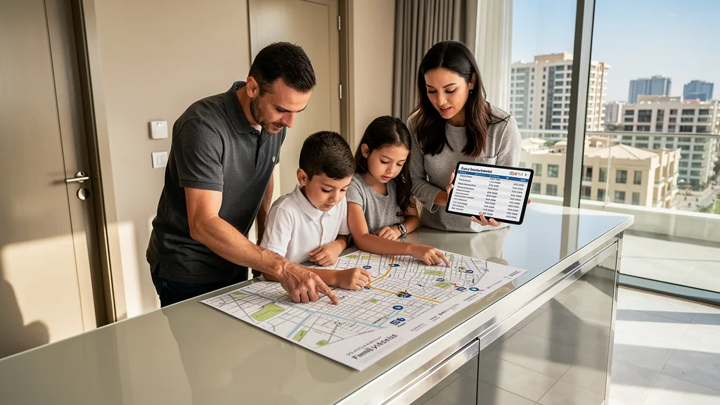 A family planning their apartment search in Dubai based on proximity to international schools.