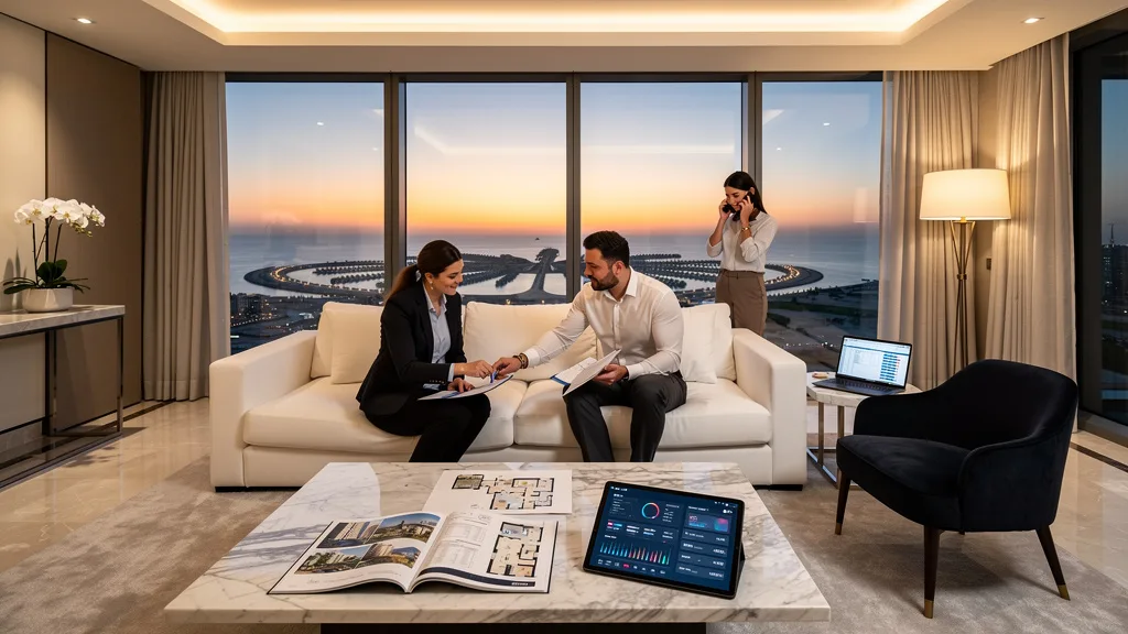 A stunning luxury penthouse apartment in Dubai with views of the Palm Jumeirah.
