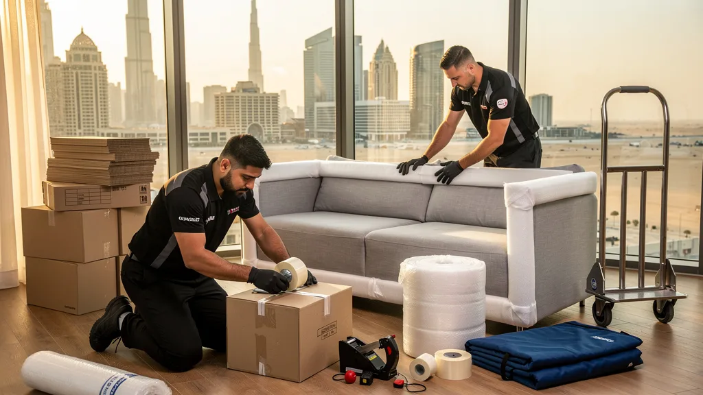 Professional movers packing boxes in a modern apartment for an international move to Dubai.