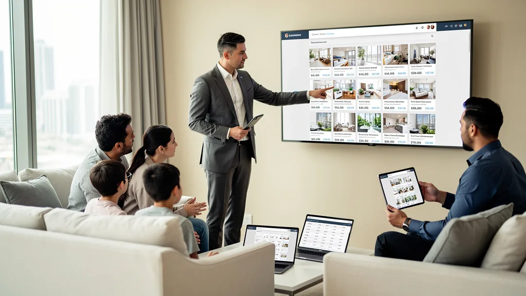 A group of people reviewing Dubai property options on a large screen, highlighting the importance of a shared, clear user experience.