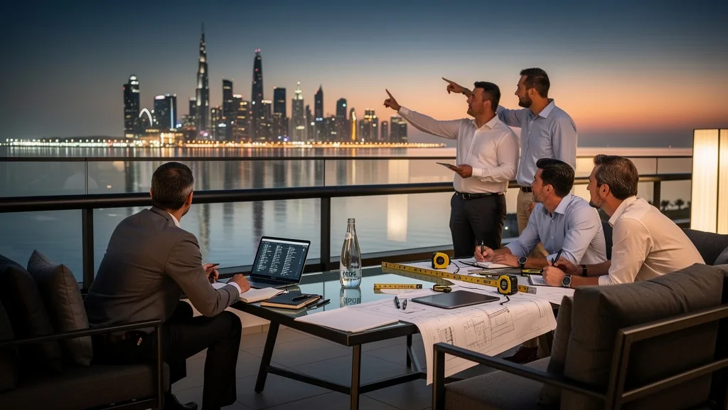 Penthouse terrace on Palm Jumeirah with a view of the Dubai Marina skyline at twilight.