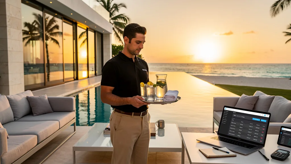 A luxury villa on Palm Jumeirah featuring a private pool and direct access to a pristine beach.