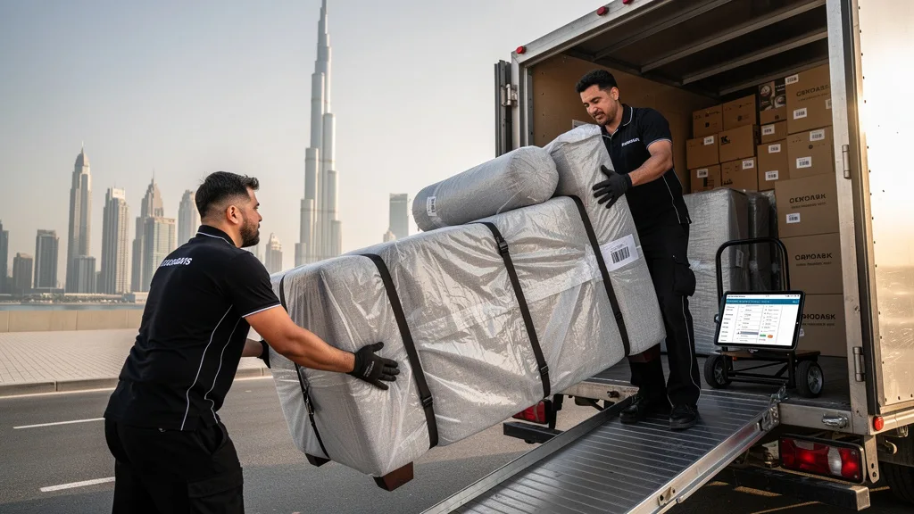 Professional movers loading furniture into a truck in Dubai.