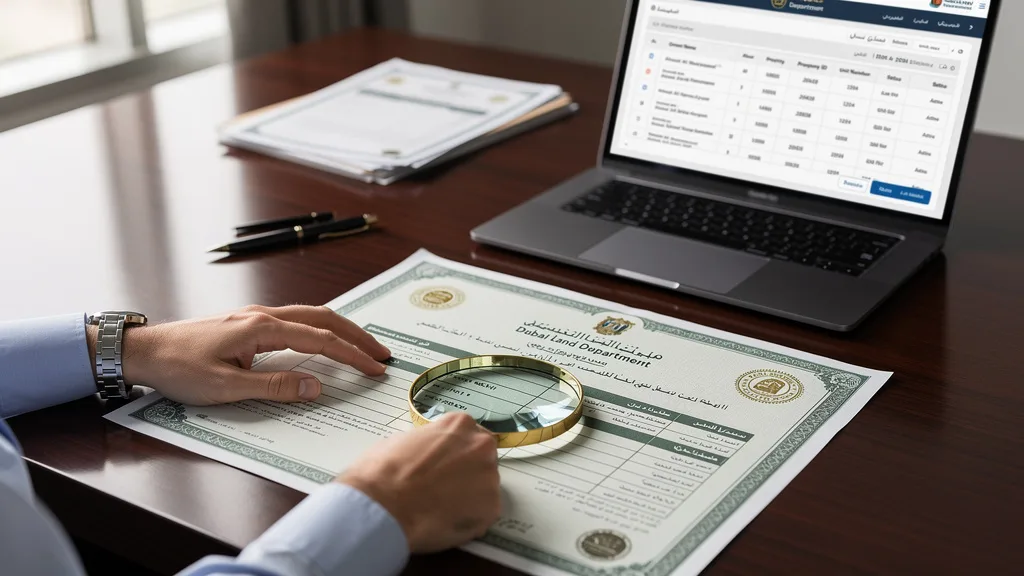 A close-up view of a DLD title deed highlighting the freehold ownership section for a Dubai property.