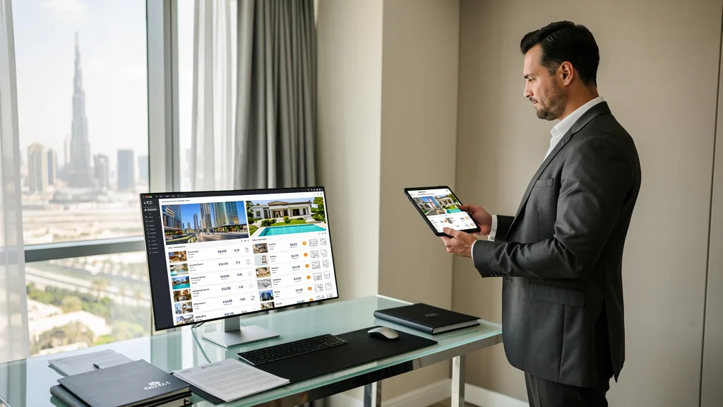 Click to manage / replace image A resident reviewing their monthly DEWA utility bill on a digital tablet in their Dubai home.