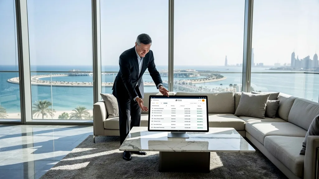 A spacious penthouse living room with large windows overlooking the Palm Jumeirah.