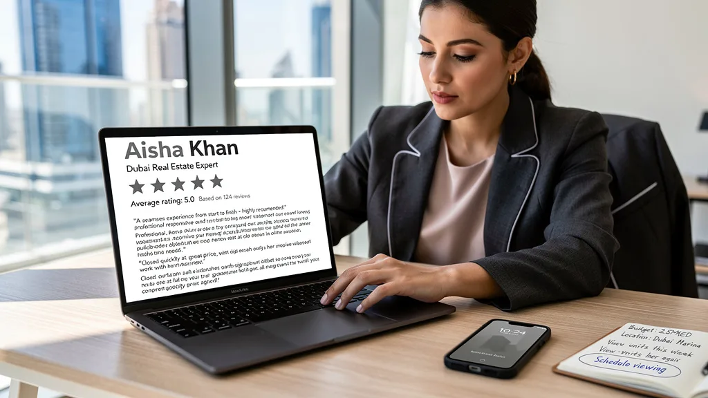 A potential homebuyer researching online reviews for a Dubai real estate agent.