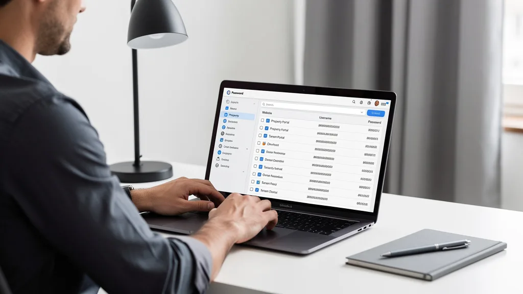 A user reviewing their credentials in a secure password manager application on a laptop.