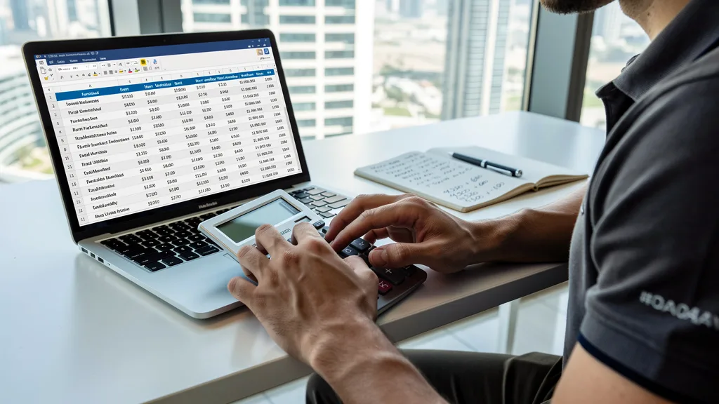 A person calculating the cost difference between furnished and unfurnished rentals in Dubai on a laptop.