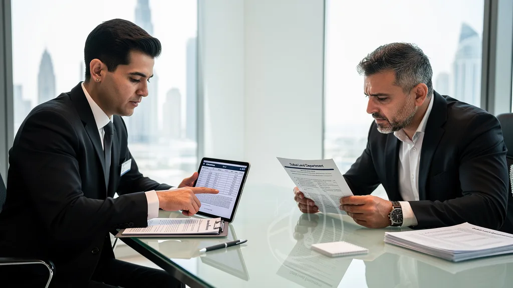 A RERA-registered agent explaining necessary property documentation to a foreign buyer in a Dubai office.