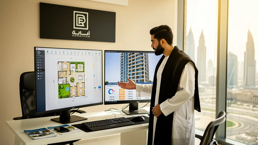 Click to manage / replace image A professional working from their home office in a Dubai Marina apartment with a city view.