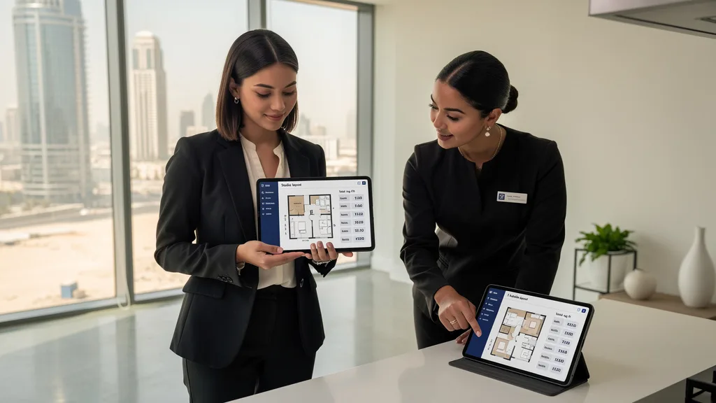 Click to manage / replace image Financial advisor and client reviewing a cost comparison spreadsheet for Dubai apartments.