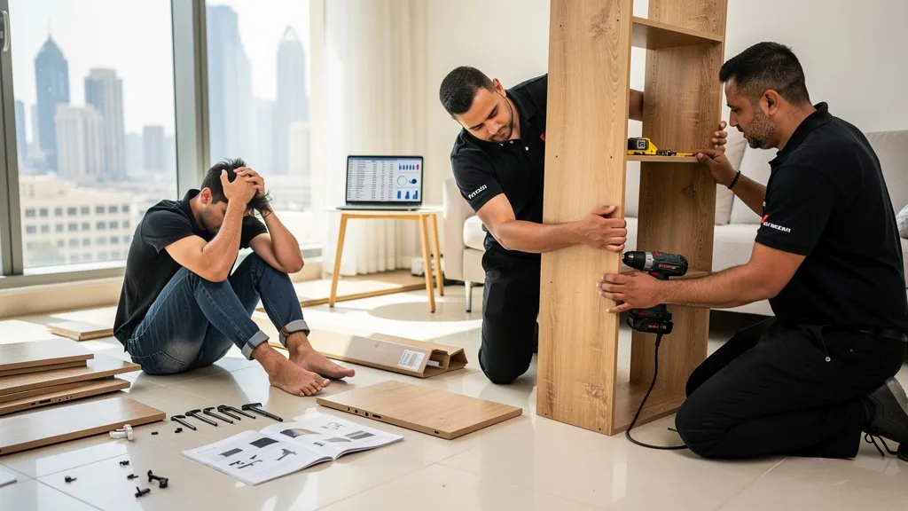 A visual comparison of a stressful DIY furniture assembly versus a smooth process with professional movers.