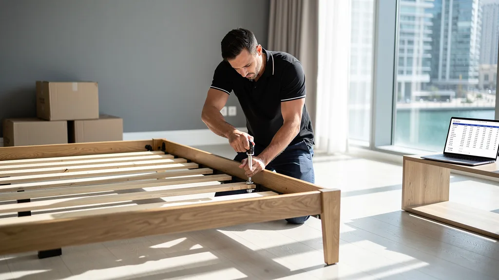 Assembling furniture in a new Dubai Marina apartment bedroom.