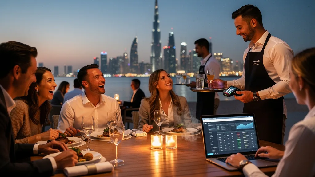 Friends dining at a luxury beachfront restaurant on Palm Jumeirah with the Dubai skyline in the distance.