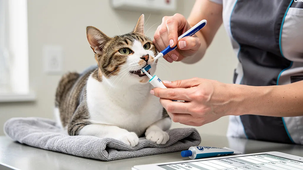 A cat having its teeth brushed with a feline-specific toothbrush and toothpaste.
