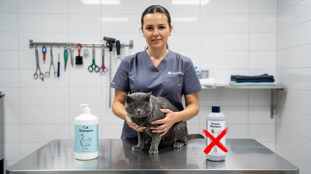 A visual comparison showing not to use human shampoo on cats.