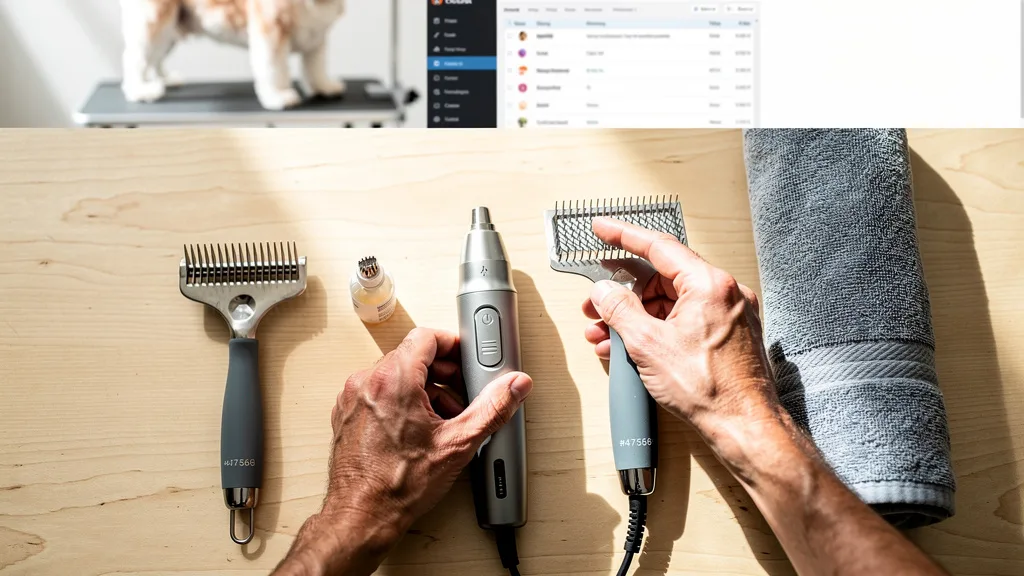 An organized collection of essential dog grooming tools laid out on a table.