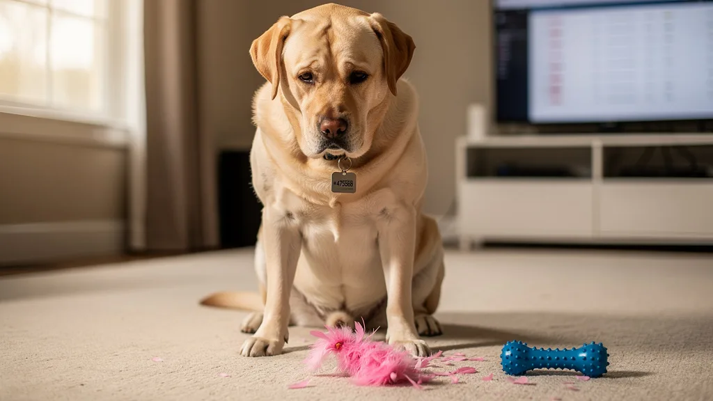 A dog sitting next to a destroyed cat toy, highlighting the safety risk.