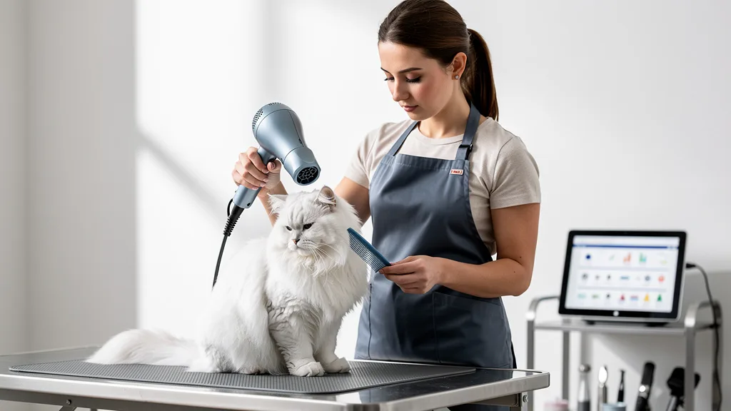 A groomer carefully blow-dries a long-haired cat while combing its fur.