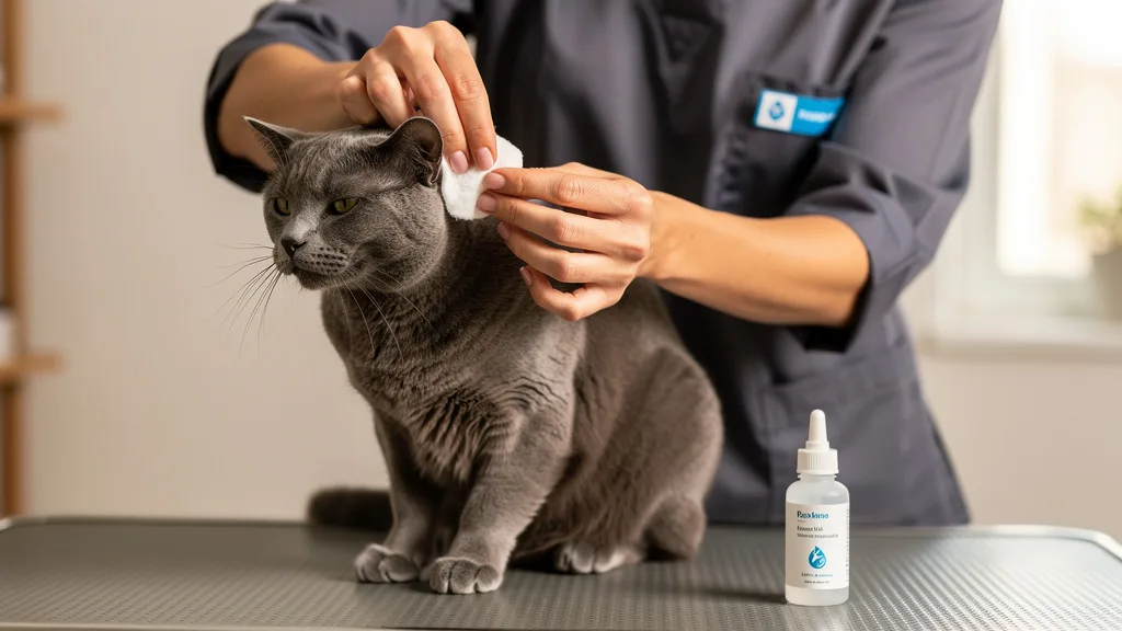 A close-up shot of a person using a vet-approved solution on a cotton ball to gently wipe the outer part of a