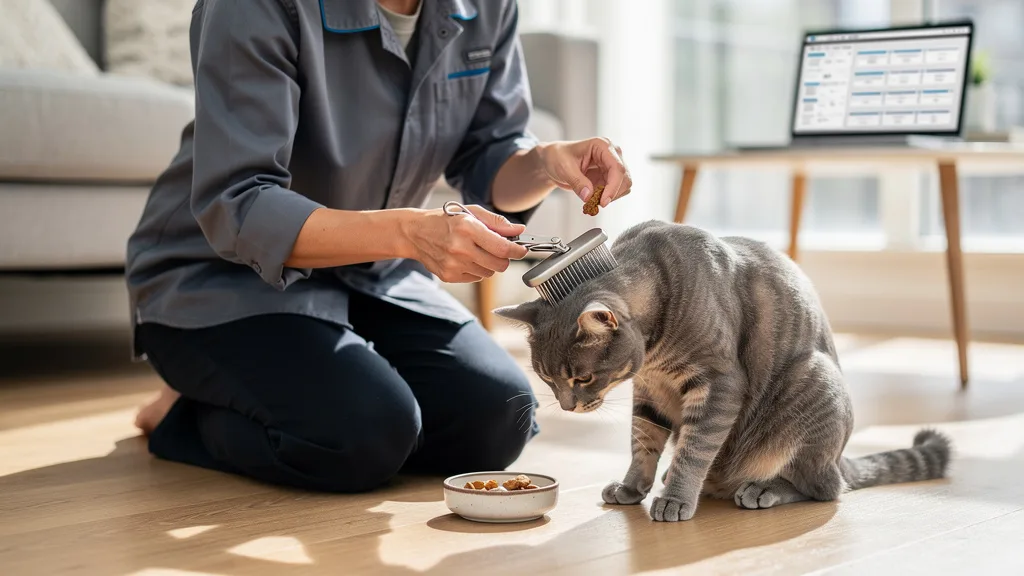 A cat sniffing grooming tools held by its owner next to a bowl of treats to build positive association.
