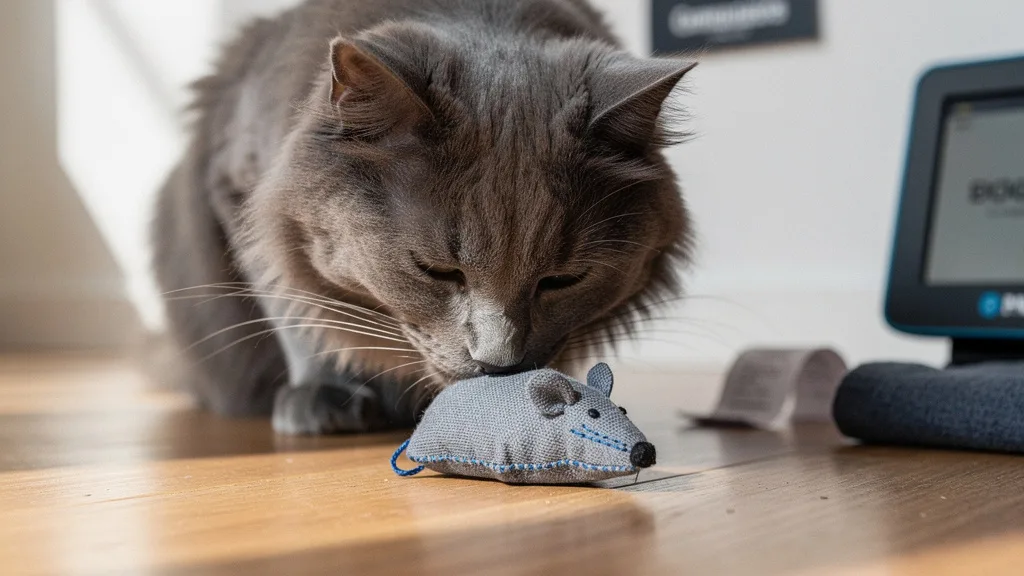 A gray cat sniffing a small catnip mouse toy on a wooden floor.