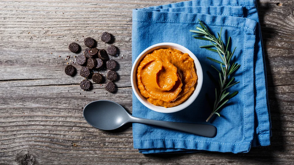 A flat lay of beneficial ingredients for sensitive cats, including duck, pumpkin, and herbs.