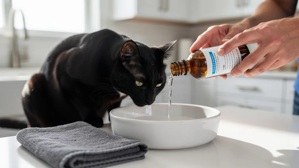 A cat owner adding a dental health water additive to their pet