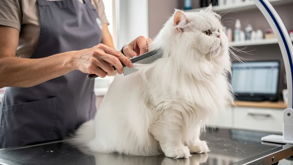 A person using a greyhound comb on a long-haired white Persian cat.