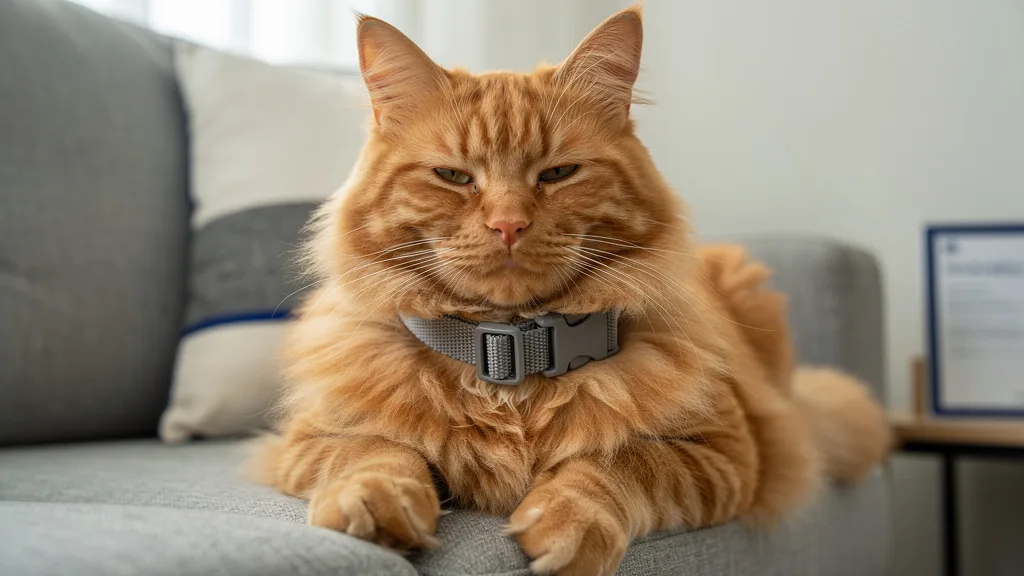 A breakaway flea and tick collar fitted comfortably around the neck of a long-haired cat.
