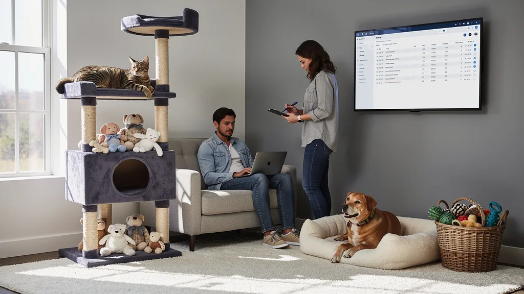 A living room with separate, designated play and rest areas for a cat and a dog.