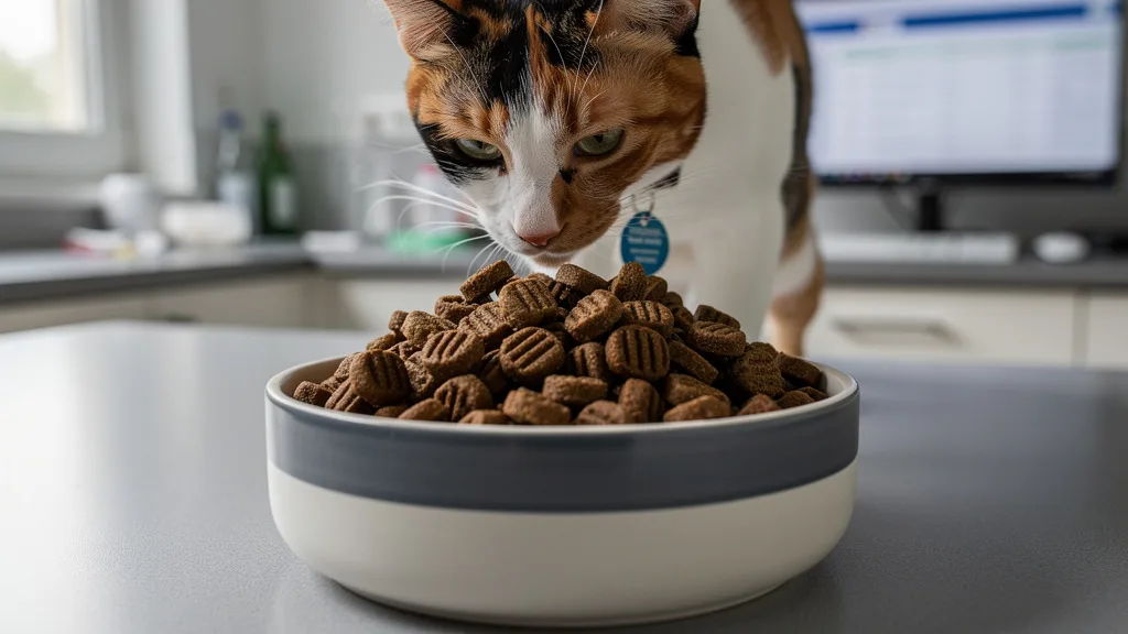 A bowl of prescription dental diet cat food, designed with a special texture to clean teeth as the cat eats.