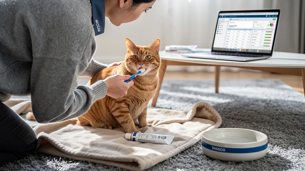 A person carefully brushing their cat