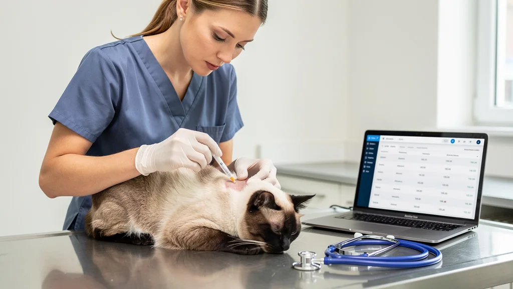 A vet applying a topical flea treatment between the shoulder blades of a Siamese cat.