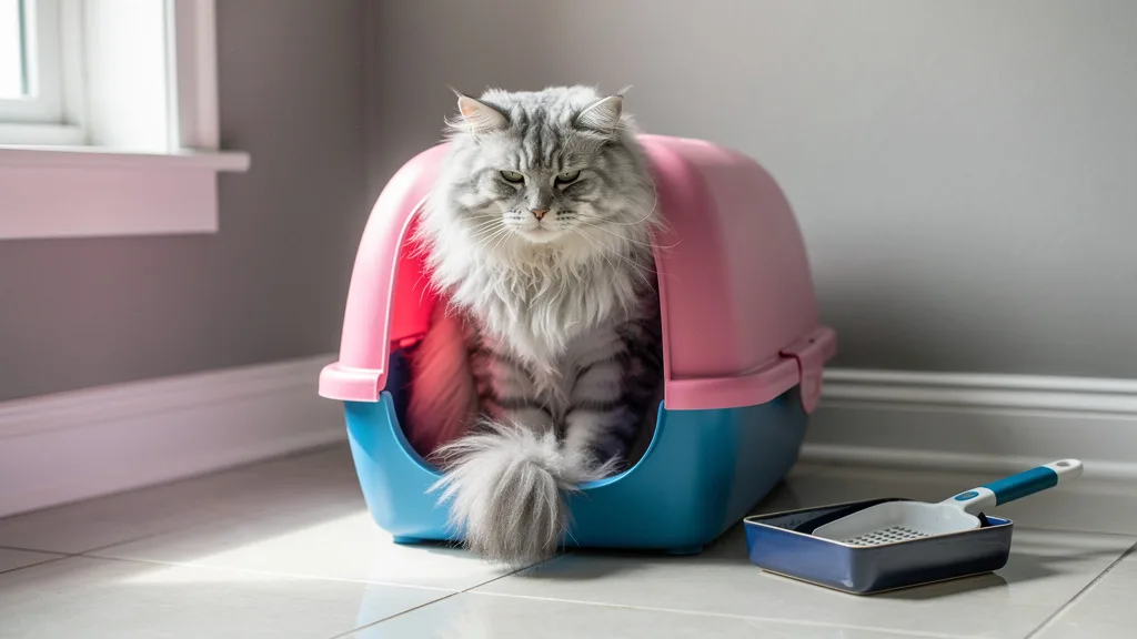 A large cat struggling to fit into a small, covered litter box.