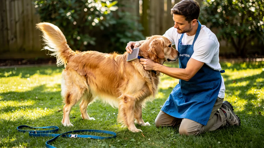 A relaxed and happy dog enjoys being brushed by its owner outdoors.