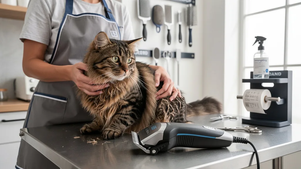 A cat with matted fur next to a pair of sharp scissors, a common grooming mistake to avoid.