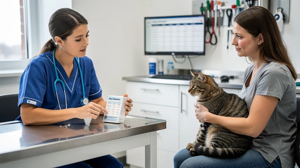 A veterinarian presents a prescription flea treatment option to a pet owner in an exam room.