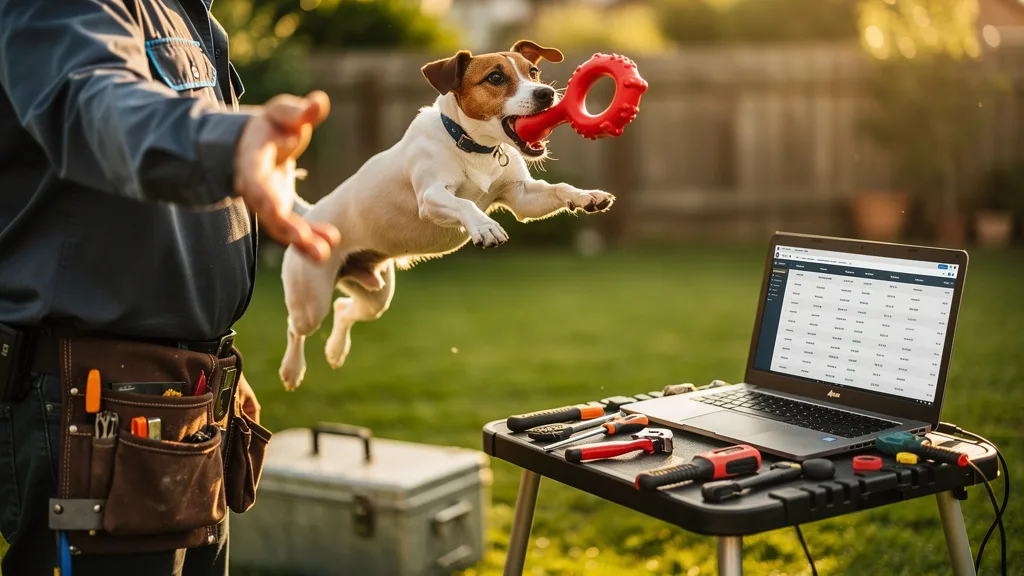 A dog joyfully chewing on a tough rubber toy in a grassy yard.