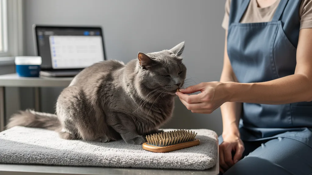 A cat receiving a treat as a positive reward after a grooming session.