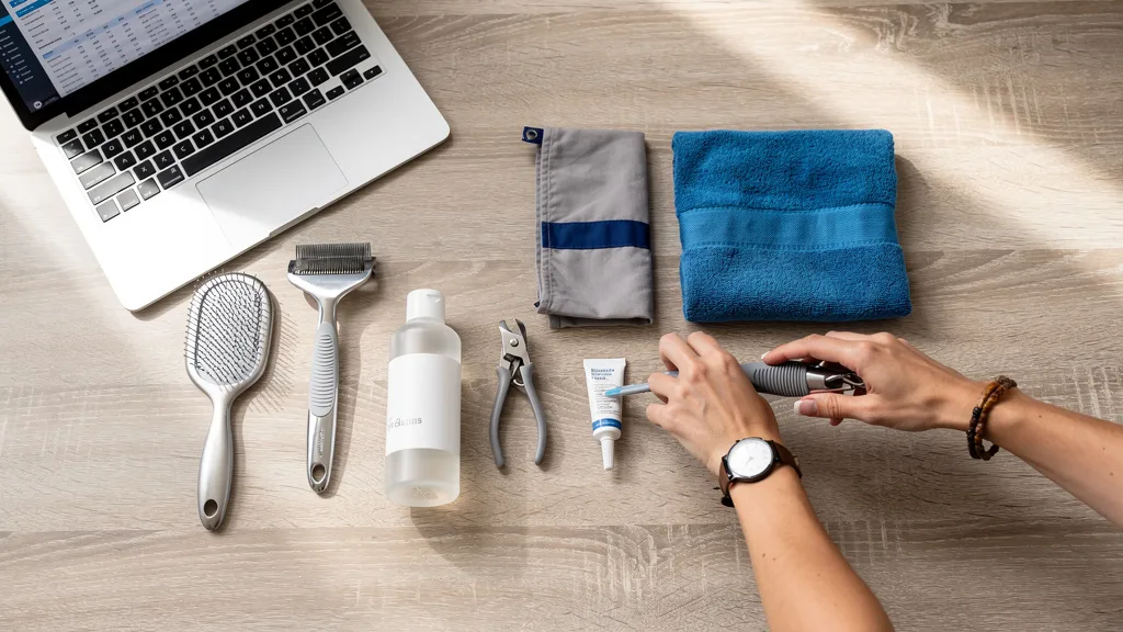 An organized collection of essential cat grooming tools laid out on a table.