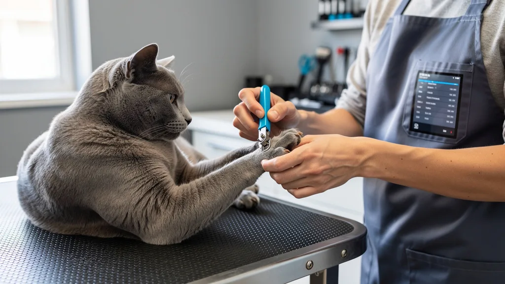 A person carefully trimming a cat
