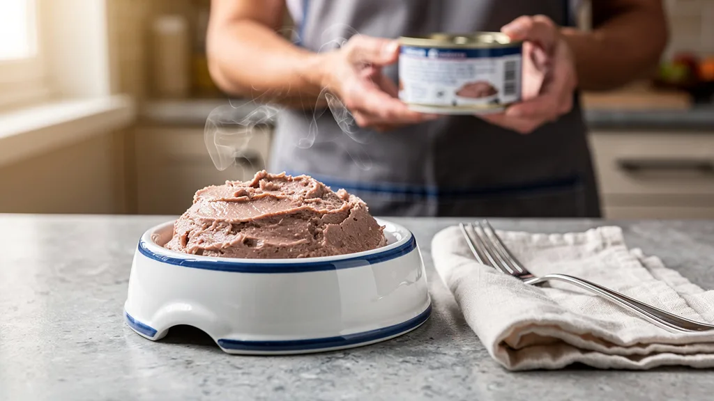 A bowl of steaming wet pâté cat food for digestive health.