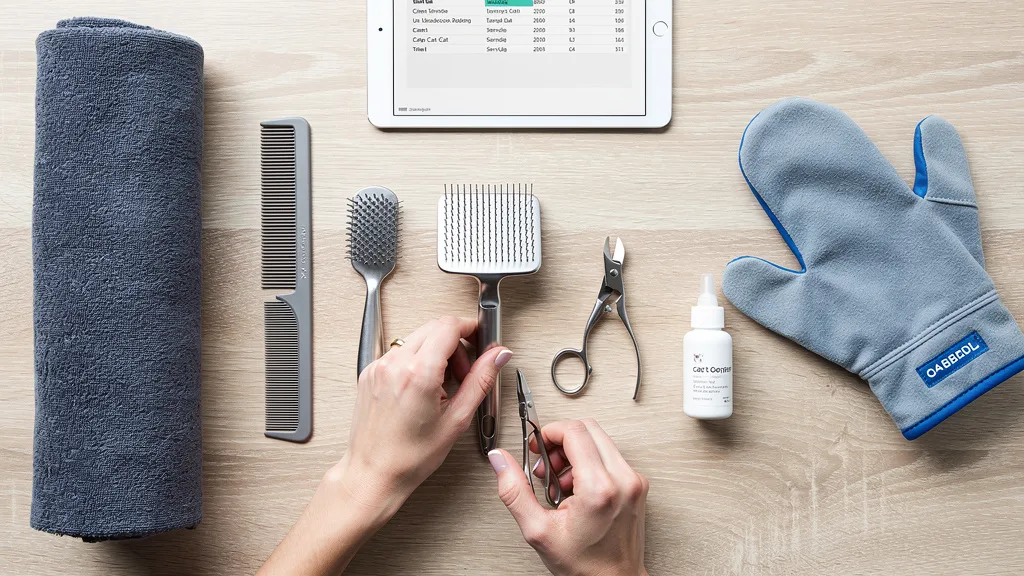 An organized collection of professional cat grooming tools on a wooden table.