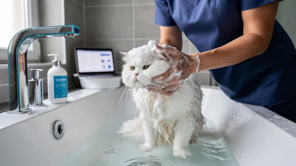 A person carefully bathing a calm cat in a bathtub with gentle shampoo.