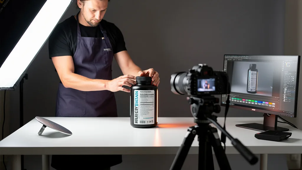 Click to manage / replace image A professional product photographer capturing a clear image of a supplement bottle