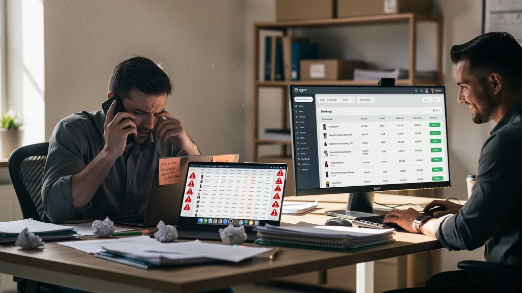 Click to manage / replace image The contrast between chaotic, reactive account management and calm, proactive Amazon account management.