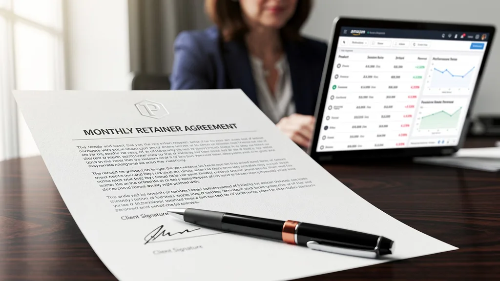 Click to manage / replace image A monthly retainer agreement for Amazon listing optimization services being signed.